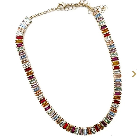 Gold Baguette Multicolor Rhinestone Choker Necklace Earrings Bracelet Set - Picture 8 of 12